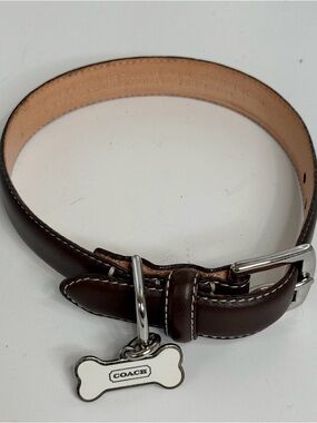 COACH 8420 brown Leather Dog Collar with Bone ID Tag size small 11-13”